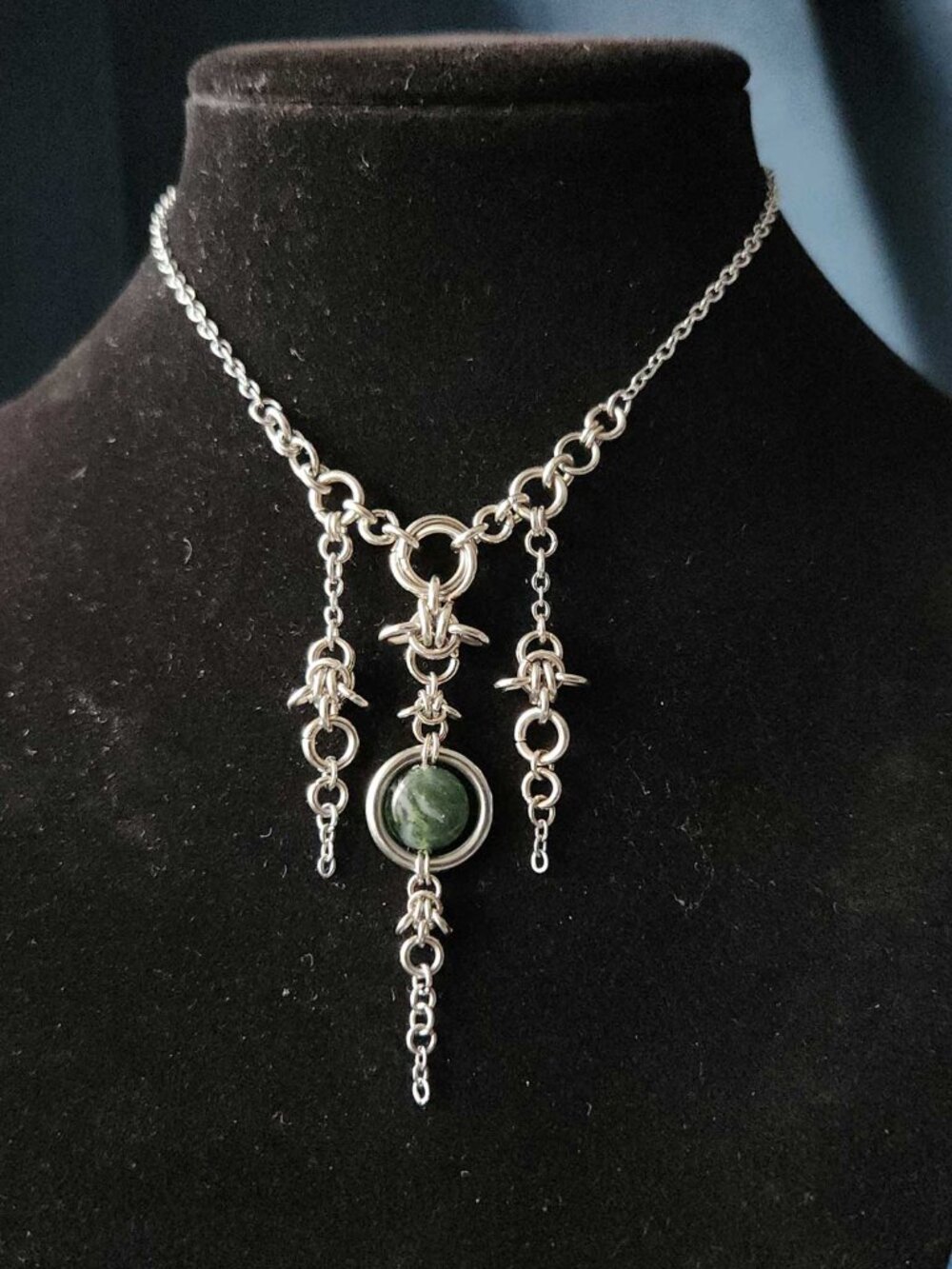 Vintage fairy style silver and green agate chandelier necklace
